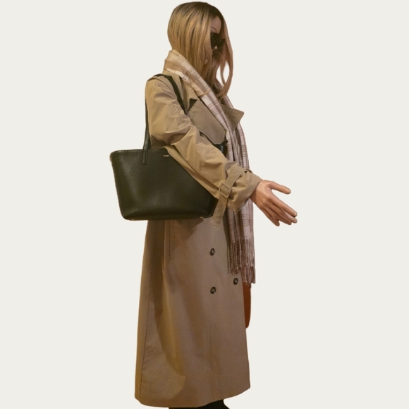 DKNY Bryant Medium Zippered Tote Bag in black leather with gold-tone hardware.  - Picture 8 of 17